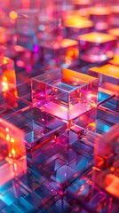 Prismatic Cubist Kaleidoscope:A Hyper-Detailed 3D Rendered Neon Landscape of Secrets and Intrigue - obrazy, fototapety, plakaty