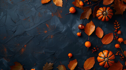 A group of orange pumpkins and leaves are scattered across a black surface, creating a vibrant and festive autumn scene