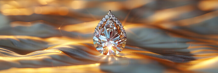 Simple pear cut shape Diamond pendant on a satin, A  white diamond with golden background, - obrazy, fototapety, plakaty