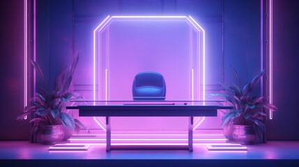 An elegant display featuring a purple scene devoid of any distractions lit up by piercing blue neon line lamps and focused on a pink digital podium  AI generated illustration