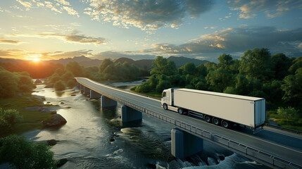 A grand semi truck drives over a bridge spanning a flowing river, showcasing power and grace in motion - obrazy, fototapety, plakaty