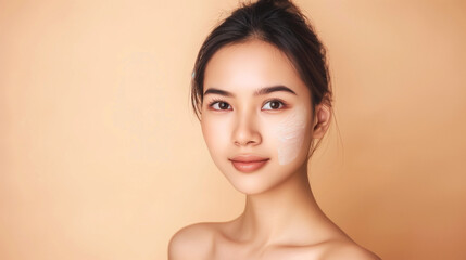 A woman with a bun in her hair, radiating elegance and grace, Beautiful young asian woman with clean fresh skin on beige background, Face care, Facial treatment, Cosmetology, beauty and spa, Asian wom