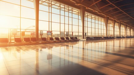 An empty airport terminal under the bright morning sun  AI generated illustration - obrazy, fototapety, plakaty
