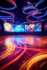 An empty dance floor under swirling neon lights  AI generated illustration