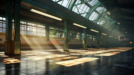 An empty subway platform with sunlight beaming down from the ceiling skylights  AI generated illustration - obrazy, fototapety, plakaty