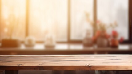 An empty wooden table in a softly blurred modern interior background  AI generated illustration