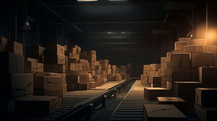 An illustrative scene of cardboard boxes on a conveyor belt leading into a darkened factory  AI generated illustration - obrazy, fototapety, plakaty