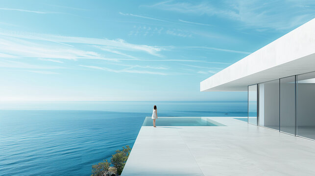 A woman standing on a balcony, peacefully observing the vast ocean beneath her, luxury modern villa
