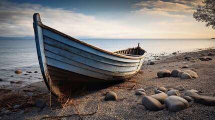 An old wooden boat resting on a deserted shore portraying the simplicity and nostalgia of maritime scenes  AI generated illustration