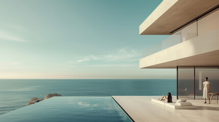 A man and a woman relax by a pool, gazing out at the expansive ocean before them