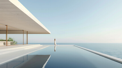 A woman gracefully stands on the edge of a swimming pool, her silhouette reflecting in the crystal-clear water below