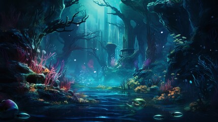 An underwater scene lit by neon bioluminescent creatures  AI generated illustration - obrazy, fototapety, plakaty