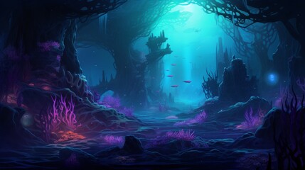 An underwater scene lit by neon bioluminescent creatures AI generated illustration