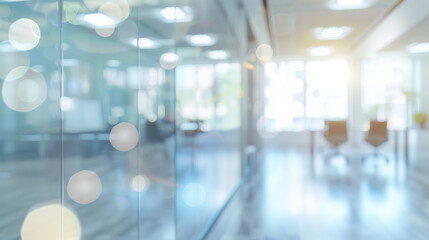 A blurry view of an office hallway with sleek, modern decor and fluorescent lighting, Blurred empty open space office. Abstract light bokeh at office interior background for design.  - Powered by Adobe