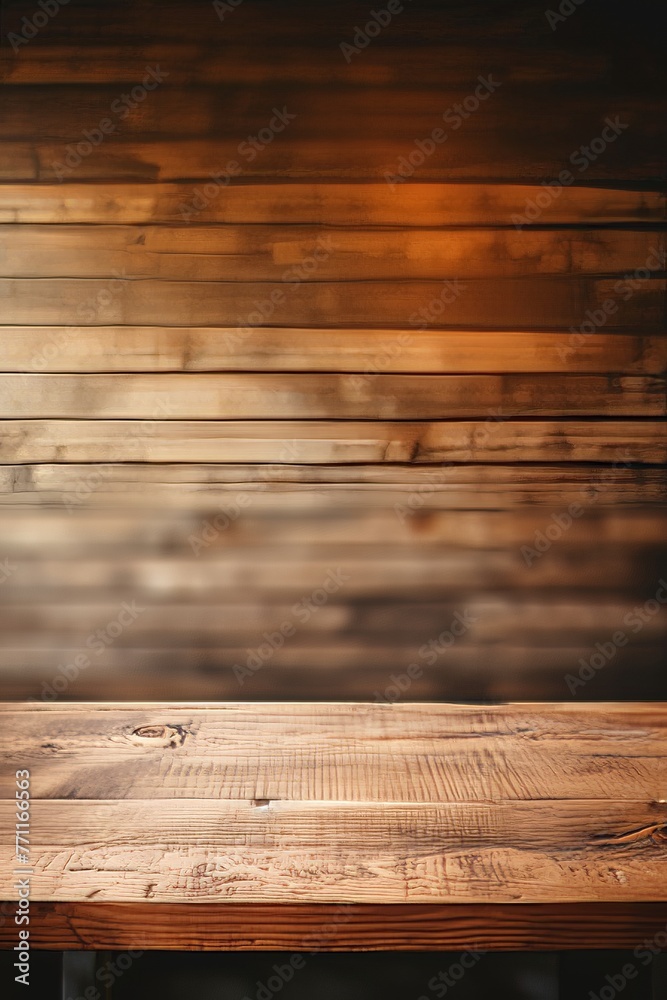 Aufkleber artistic image of an empty brown wooden tabletop on a shelf with an unfocused background ai generate
