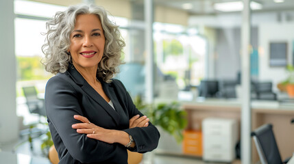 A confident woman with arms crossed stands in a contemporary office setting, exuding authority and determination, Happy cheerful 45 year old Latin professional mid aged business woman corporate leader