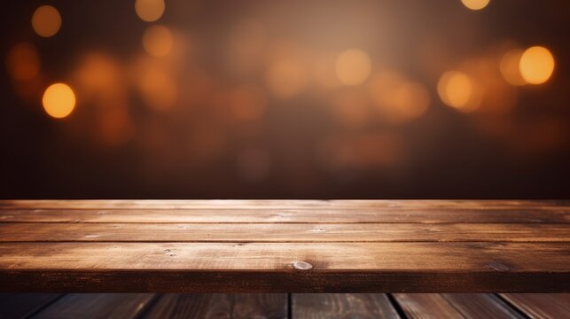 Artistic image of an empty brown wooden tabletop on a shelf with an unfocused background  AI generated illustration