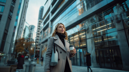 Beautiful Woman Going To Work With Coffee Walking Near Office Building. Portrait Of Successful BA stylish woman leisurely walking down a bustling street, clutching a steaming cup of coffee in her hand