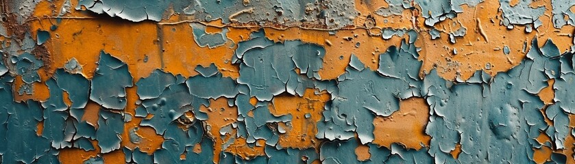 Peeling paint on metal, wide angle, texturerich for an industrial vintage background , cinematic - obrazy, fototapety, plakaty