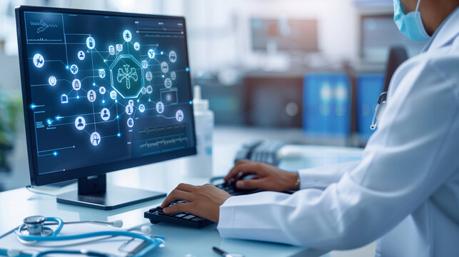A doctor in a white coat is focused on a computer screen, analyzing patient data and medical records, Medical technology and futuristic concept.Digital healthcare and network on modern virtual screen.