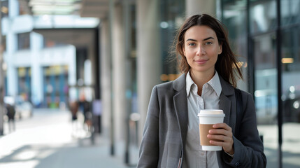 A stylish woman in a business suit holding a cup of coffee, exuding confidence and sophistication