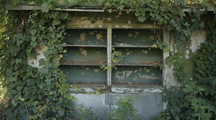 The abandoned concession stand is overtaken by vines and weeds its once tempting treats now rotted and molding on the shelves. . . - obrazy, fototapety, plakaty