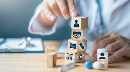 Hand arranging wood block with healthcare medical icon. Health insurance, A man engrossed in play, creatively arranging wooden blocks and toys to build imaginative structures and scenes - Powered by Adobe