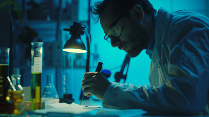 A man in a white lab coat sits at a table, intensely focused on examining something through a microscope