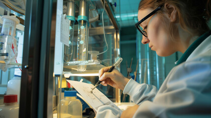 A woman with long flowing hair, clad in a lab coat, sits in a laboratory, meticulously writing notes on a piece of paper - obrazy, fototapety, plakaty