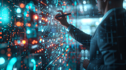 A man in a sharp suit writing on a wall with determination and purpose, Businessman moving digital datas with a tactile pen on hologram screen 