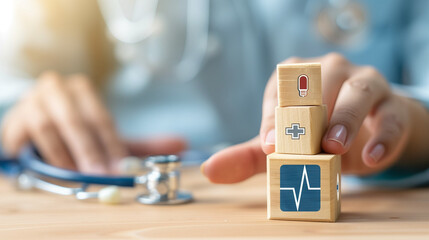 A stethoscope delicately rests atop a wooden block in a display of balance and serenity, Hand arranging wood block with healthcare medical icon. Health insurance - obrazy, fototapety, plakaty