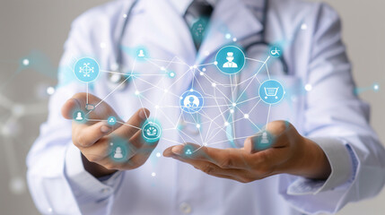 man hold virtual medical network connection icons. The virus pandemic developed people's awareness and spread attention to their healthcare, withrising growth in hospital and health insurance business