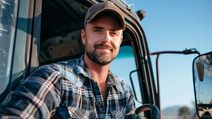 A man in a plaid shirt and cap sits comfortably in a vintage tractor, basking in the sun while contemplating the day ahead on the farm