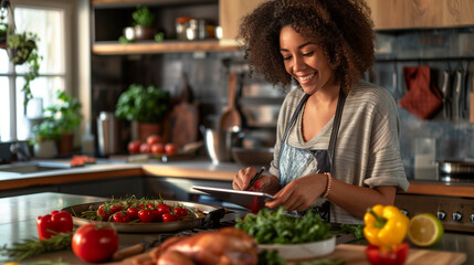 A Afro American woman with a knife in a kitchen, gracefully cutting a colorful array of vegetables...