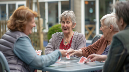 A diverse group of friends laugh and strategize as they sit around a table playing cards on a warm summer night, senior elderly women