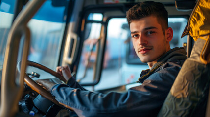 Naklejka premium A man confidently sits in the drivers seat of a bus, ready to embark on a journey through the city streets