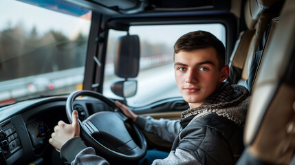 A young man confidently drives a truck on a busy highway, surrounded by other vehicles in motion