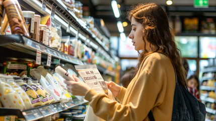 A woman with a thoughtful expression examines a package in a grocery store aisle