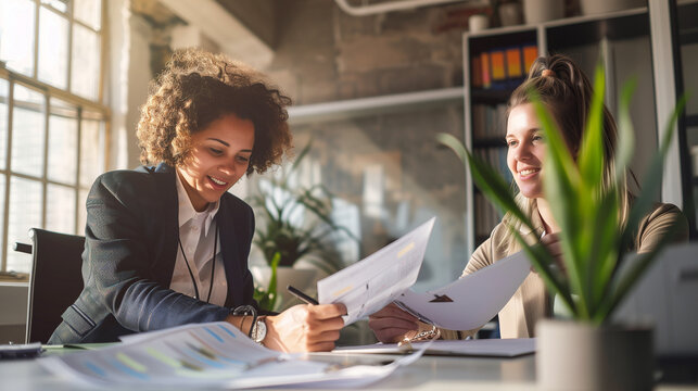 Two women sit at a table, discussing important papers in front of them in a bright office, businesswomen