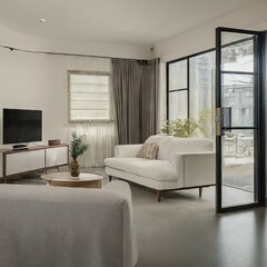 Naklejka na ściany i meble Photo Beautiful the living room has a white sofa tv and glass door