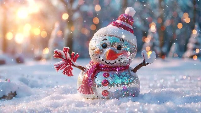 snowman on snow 4K looping video christmas video