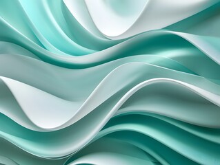 Obraz premium Abstract design featuring smooth waves of turquoise and white silk, representing a serene and luxurious flow of fabric.
