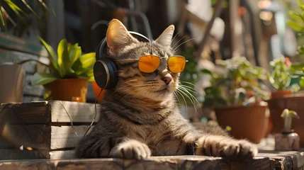 Foto op Plexiglas A suave tabby cat relaxes in the sun, sporting a pair of orange sunglasses and listening to tunes on a pair of headphones, exuding ultimate coolness. © Chomphu
