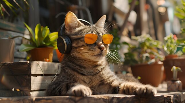 A suave tabby cat relaxes in the sun, sporting a pair of orange sunglasses and listening to tunes on a pair of headphones, exuding ultimate coolness.