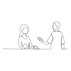 Continuous one line drawing of a A female cashier serves male buyers who use credit cards. Contactless payment concept