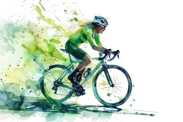 Green watercolor painting of side view woman cyclist in road bike