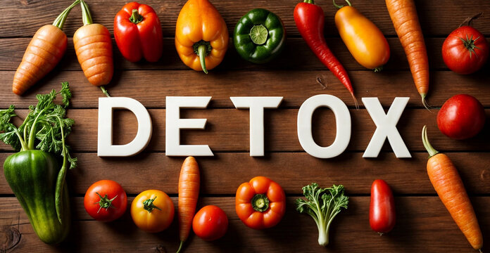 3d render of DETOX surrounded by a variety of vegetables on a wooden table. Concept of detox vegan healthy loss weight diet eating