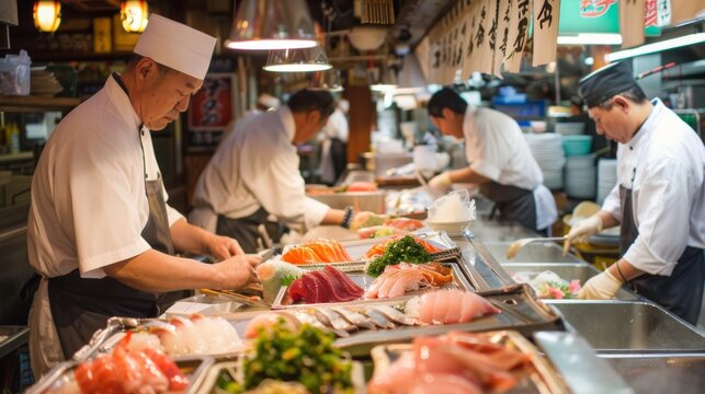 A bustling seafood market scene