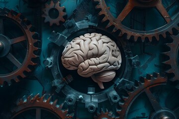 Cognitively Driven Mechanism:A Brain Encapsulated by Precisely Engineered Gears Symbolizing the Complex Workings of the Mind - obrazy, fototapety, plakaty