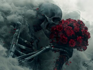 Demonic Specter Tenderly Holding Bouquet of Crimson Roses Amidst Swirling Shadows and Darkness - obrazy, fototapety, plakaty